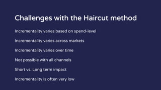 Challenges with the Haircut method
Incrementality varies based on spend-level
Incrementality varies across markets
Incrementality varies over time
Not possible with all channels
Short vs. Long term impact
Incrementality is often very low
 