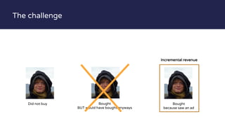 The challenge
Did not buy Bought
BUT would have bought anyways
Bought
because saw an ad
Incremental revenue
 