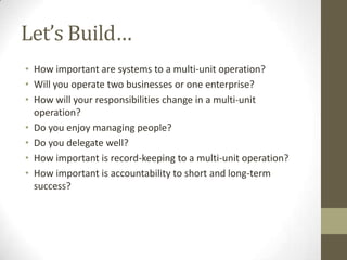 Let’s Build…<br />How important are systems to a multi-unit operation?<br />Will you operate two businesses or one enterpr...