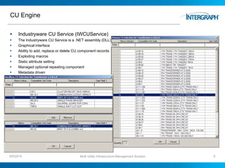 CU Engine
 Industryware CU Service (IWCUService)
 The Industryware CU Service is a .NET assembly (DLL)
 Graphical interface
 Ability to add, replace or delete CU component records
 Exploding macros
 Static attribute setting
 Managed optional repeating component
 Metadata driven
6/5/2014 Multi Utility Infrastructure Management Solution 6
 