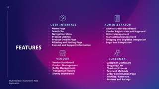 12
FEATURES
Multi-Vendor E-Commerce Web
Application
USER INTERFACE ADMINISTRATOR
VENDOR CUSTOMER
o Home Page
o Search Bar
o Navigation Menu
o Product Listings
o Product Details Page
o Filtering and Sorting Page
o Contact and Support Information
o Vendor Dashboard
o Product Management
o Order Management
o Transaction History
o Money Withdrawal
o Customer Dashboard
o Shopping Cart
o Checkout Process
o Payment Methods
o Order Confirmation Page
o Wishlist / Favorites
o Reviews and Ratings
o Administrator Dashboard
o Vendor Registration and Approval
o Order Management
o Transaction Management
o Shipping and Logistics Integration
o Legal and Compliance
 