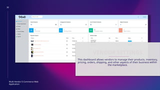30
Multi-Vendor E-Commerce Web
Application
VENDOR SETTINGS
This dashboard allows vendors to manage their products, inventory,
pricing, orders, shipping, and other aspects of their business within
the marketplace.
 
