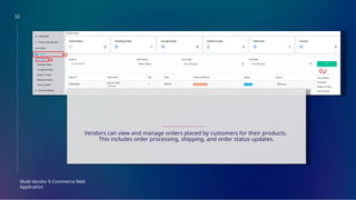 32
Multi-Vendor E-Commerce Web
Application
ORDER MANAGEMENT
Vendors can view and manage orders placed by customers for their products.
This includes order processing, shipping, and order status updates.
 