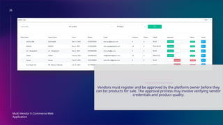 36
Multi-Vendor E-Commerce Web
Application
REGISTRATION AND APPROVAL
Vendors must register and be approved by the platform owner before they
can list products for sale. The approval process may involve verifying vendor
credentials and product quality.
 