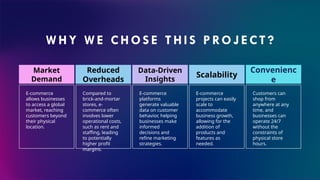 W HY W E CHOS E THI S PROJECT?
Market
Demand
E-commerce
allows businesses
to access a global
market, reaching
customers beyond
their physical
location.
Reduced
Overheads
Compared to
brick-and-mortar
stores, e-
commerce often
involves lower
operational costs,
such as rent and
staffing, leading
to potentially
higher profit
margins.
Data-Driven
Insights
E-commerce
platforms
generate valuable
data on customer
behavior, helping
businesses make
informed
decisions and
refine marketing
strategies.
Scalability
E-commerce
projects can easily
scale to
accommodate
business growth,
allowing for the
addition of
products and
features as
needed.
Convenienc
e
Customers can
shop from
anywhere at any
time, and
businesses can
operate 24/7
without the
constraints of
physical store
hours.
 