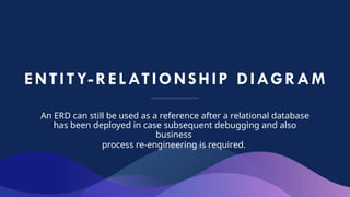 ENTITY-RELATIONSHIP DIAGRAM
An ERD can still be used as a reference after a relational database
has been deployed in case subsequent debugging and also
business
process re-engineering is required.
 