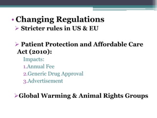 • Changing Regulations
 Stricter rules in US & EU
 Patient Protection and Affordable Care
Act (2010):
Impacts:
1.Annual Fee
2.Generic Drug Approval
3.Advertisement
Global Warming & Animal Rights Groups
 