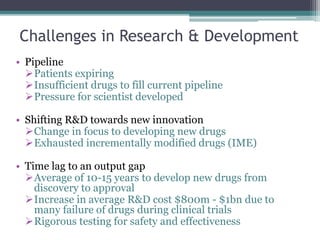 Challenges in Research & Development
• Pipeline
Patients expiring
Insufficient drugs to fill current pipeline
Pressure for scientist developed
• Shifting R&D towards new innovation
Change in focus to developing new drugs
Exhausted incrementally modified drugs (IME)
• Time lag to an output gap
Average of 10-15 years to develop new drugs from
discovery to approval
Increase in average R&D cost $800m - $1bn due to
many failure of drugs during clinical trials
Rigorous testing for safety and effectiveness
 