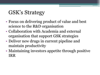 • Focus on delivering product of value and best
science to the R&D organisation
• Collaboration with Academia and external
organisation that support GSK strategies
• Deliver new drugs in current pipeline and
maintain productivity
• Maintaining investors appetite through positive
IRR
GSK’s Strategy
 
