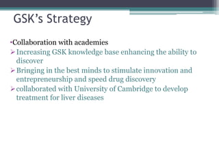 GSK’s Strategy
•Collaboration with academies
Increasing GSK knowledge base enhancing the ability to
discover
Bringing in the best minds to stimulate innovation and
entrepreneurship and speed drug discovery
collaborated with University of Cambridge to develop
treatment for liver diseases
 
