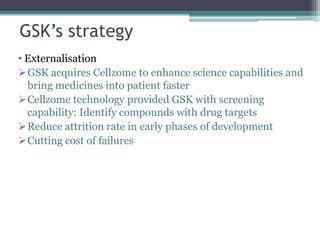 GSK’s strategy
• Externalisation
GSK acquires Cellzome to enhance science capabilities and
bring medicines into patient faster
Cellzome technology provided GSK with screening
capability: Identify compounds with drug targets
Reduce attrition rate in early phases of development
Cutting cost of failures
 