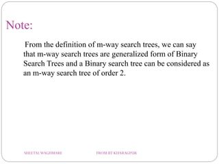 Note:
From the definition of m-way search trees, we can say
that m-way search trees are generalized form of Binary
Search Trees and a Binary search tree can be considered as
an m-way search tree of order 2.
SHEETALWAGHMARE FROM IIT KHARAGPUR
 