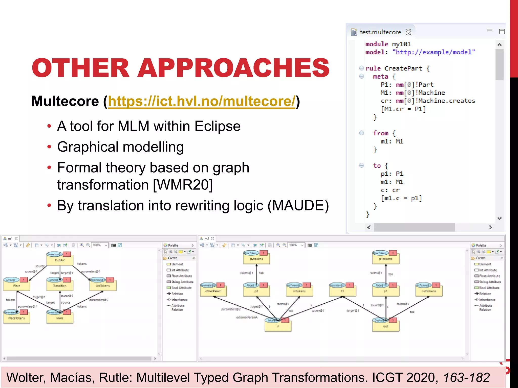 OTHER APPROACHES
Multecore (https://ict.hvl.no/multecore/)
• A tool for MLM within Eclipse
• Graphical modelling
• Formal theory based on graph
transformation [WMR20]
• By translation into rewriting logic (MAUDE)
61
Wolter, Macías, Rutle: Multilevel Typed Graph Transformations. ICGT 2020, 163-182
 