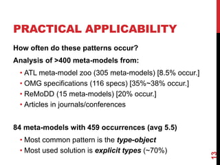 PRACTICAL APPLICABILITY
How often do these patterns occur?
Analysis of >400 meta-models from:
• ATL meta-model zoo (305 meta-models) [8.5% occur.]
• OMG specifications (116 specs) [35%~38% occur.]
• ReMoDD (15 meta-models) [20% occur.]
• Articles in journals/conferences
84 meta-models with 459 occurrences (avg 5.5)
• Most common pattern is the type-object
• Most used solution is explicit types (~70%)
13
 