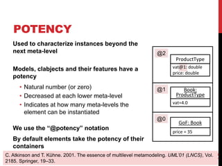 POTENCY
Used to characterize instances beyond the
next meta-level
Models, clabjects and their features have a
potency
• Natural number (or zero)
• Decreased at each lower meta-level
• Indicates at how many meta-levels the
element can be instantiated
We use the “@potency” notation
By default elements take the potency of their
containers
19
ProductType
Book:
ProductType
GoF: Book
vat@1: double
price: double
vat=4.0
price = 35
@2
@1
@0
C. Atkinson and T. Kühne. 2001. The essence of multilevel metamodeling. UML’01 (LNCS), Vol.
2185. Springer, 19–33.
 