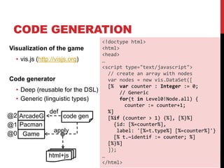 CODE GENERATION
66
<!doctype html>
<html>
<head>
…
<script type="text/javascript">
// create an array with nodes
var nodes = new vis.DataSet([
[% var counter : Integer := 0;
// Generic
for(t in Level0!Node.all) {
counter := counter+1;
%]
[%if (counter > 1) {%], [%}%]
{id: [%=counter%],
label: '[%=t.type%] [%=counter%]'}
[% t.~identif := counter; %]
[%}%]
]);
…
</html>
Visualization of the game
• vis.js (http://visjs.org)
Code generator
• Deep (reusable for the DSL)
• Generic (linguistic types)
ArcadeG
Pacman
Game
@2
@1
@0
code gen
def
apply
html+js
 