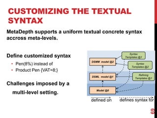 CUSTOMIZING THE TEXTUAL
SYNTAX
69
MetaDepth supports a uniform textual concrete syntax
accross meta-levels.
Define customized syntax
• Pen(8%) instead of
• Product Pen {VAT=8;}
Challenges imposed by a
multi-level setting.
DSMM model @2
DSML model @1
Model @0
Syntax
Templates @1
Syntax
Templates @2
Refining
Templates @1
defined on defines syntax for
 