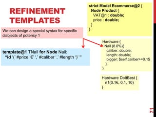 REFINEMENT
TEMPLATES
71
template@1 TNail for Node Nail:
“id ‘(’ #price ‘€’ ‘,’ #caliber ‘,’ #length ‘)’ ”
strict Model Ecommerce@2 {
Node Product {
VAT@1 : double;
price : double;
}
}
Hardware {
Nail (8.0%){
caliber: double;
length: double;
bigger: $self.caliber>=0.1$
}
}
We can design a special syntax for specific
clabjects of potency 1
Hardware DoItBest {
n1(0.1€, 0.1, 10)
}
 