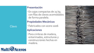 Clavo
Presentación
 En cajas compactas de 25 kg.
con filas de clavos acomodados
de forma paralela.
Propiedades Mecánicas
 Fabricados con acero 1006
Aplicaciones
 Para cimbras de madera,
entarimados, estructuras y
construcciones hechas en
madera.
 