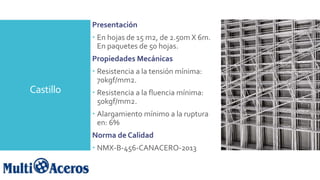 Castillo
Presentación
 En hojas de 15 m2, de 2.50m X 6m.
En paquetes de 50 hojas.
Propiedades Mecánicas
 Resistencia a la tensión mínima:
70kgf/mm2.
 Resistencia a la fluencia mínima:
50kgf/mm2.
 Alargamiento mínimo a la ruptura
en: 6%
Norma de Calidad
 NMX-B-456-CANACERO-2013
 