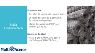 Malla
Electrosoldada
Presentación
 En rollos de 100m2, de 2.50m X 40m.
 En hojas de 15m2, de 2.50m X 6m.
En paquetes de 50 hojas.
 Mallas de cuadrícula 6”X 6”, en
calibres 4,6,8 y 10.
Norma de Calidad
 NMX-B-456-CANACERO-2013Y
NMX-B-290-CANACERO-2013
 