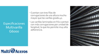 Especificaciones
Multivarilla
G6000
0
 Cuentan con tres filas de
corrugaciones de una altura mucho
mayor que las varillas grado 42.
 Las varillas laminadas en frío cuentan
con más corrugaciones por unidad de
longitud, lo que les permite muy alta
adherencia.
 