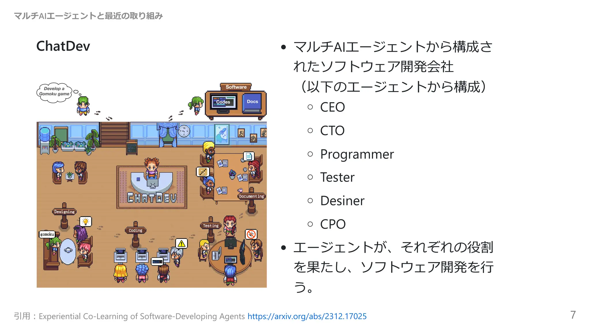 ChatDev マルチAIエージェントから構成さ
れたソフトウェア開発会社
（以下のエージェントから構成）
CEO
CTO
Programmer
Tester
Desiner
CPO
エージェントが、それぞれの役割
を果たし、ソフトウェア開発を行
う。
マルチAIエージェントと最近の取り組み
引用：Experiential Co-Learning of Software-Developing Agents https://arxiv.org/abs/2312.17025 7
 