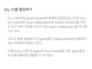 Eq. (1)
• Eq. (1) global reward Eq. (1) zero-
sum game local collaboration reward function
team collaboration
.
• agent collaboration
.
• Eq. (1) agent local reward agent
.
 