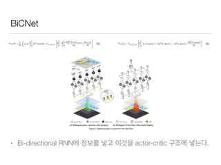 BiCNet
• Bi-directional RNN actor-critic .
 