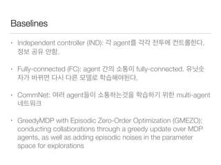 Baselines
• Independent controller (IND): agent .
.
• Fully-connected (FC): agent fully-connected.
.
• CommNet: agent multi-agent
• GreedyMDP with Episodic Zero-Order Optimization (GMEZO):
conducting collaborations through a greedy update over MDP
agents, as well as adding episodic noises in the parameter
space for explorations
 