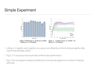 Simple Experiment
• Letting 4~6 agents work together as a group can efﬁciently control individual agents while
maximizing damage output.
• Fig 3, 4~5 as group size would help achieve best performance.
• Fig 4, the convergence speed by plotting the winning rate against the number of training
episodes.
 