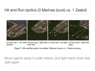 Hit and Run tactics (3 Marines (ours) vs. 1 Zealot)
Move agents away if under attack, and ﬁght back when feel
safe again.
 