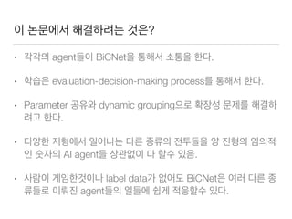 ?
• agent BiCNet .
• evaluation-decision-making process .
• Parameter dynamic grouping
.
•
AI agent .
• label data BiCNet
agent .
 