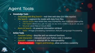 ● Knowledge Tools
• Grounding with Bing Search – real-time web data ($35/1000 requests)
• File Search – augment the model with data from files
•
•
•
• Azure AI Search – AI-powered information retrieval
•
• Action Tools
• Function Calling – describe and run external functions
• Code Interpreter – interpret and rune Python code in isolation
• OpenAPI – connect to external API for interoperability
• !!! Azure Functions – triggers and bindings, allow serverless scalability
 