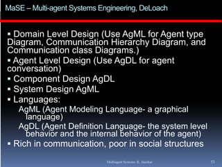 MaSE – Multi-agent Systems Engineering, DeLoach


 Domain Level Design (Use AgML for Agent type
Diagram,
Diagram Communication Hierarchy Diagram and
                                   Diagram,
Communication class Diagrams.)
 Agent Level Design (Use AgDL for agent
conversation)
 Component Design AgDL
 System Design AgML
   y          g g
 Languages:
   AgML (Agent Modeling Language- a graphical
    language)
   AgDL (Agent Definition Language- the system level
    behavior and the internal behavior of the agent)
 Rich in communication, poor in social structures
          communication
                             Multiagent Systems: R. Akerkar   53
 