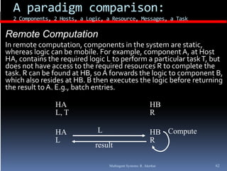 A paradigm comparison: 
  2 Components, 2 Hosts, a Logic, a Resource, Messages, a Task
  2 Components 2 Hosts a Logic a Resource Messages a Task

Remote Computation
In remote computation, components in the system are static, 
In remote computation  components in the system are static  
whereas logic can be mobile. For example, component A, at Host 
HA, contains the required logic L to perform a particular task T, but 
does not have access to the required resources R to complete the 
                                q                        p
task. R can be found at HB, so A forwards the logic to component B, 
    k       b f      d             f    d h l
which also resides at HB. B then executes the logic before returning 
the result to A. E.g., batch entries.

                HA                                           HB
                L, T                                         R

                HA            L                              HB Compute
                L                                            R
                              result

                                   Multiagent Systems: R. Akerkar         62
 