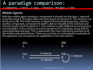 A paradigm comparison: 
2 Components, 2 Hosts, a Logic, a Resource, Messages, a Task
2 Components 2 Hosts a Logic a Resource Messages a Task

Mobile Agents
With the mobile agent paradigm, component A already has the logic L required 
to perform task T, but again does not have access to resource R. This resource can  
t   f        t k T  b t     i  d   t h               t           R  Thi           
be found at HB. This time however, instead of forwarding/requesting L to/from 
another component, component A itself is able to migrate to the new host and 
interact locally with R to perform T. This method is quite different to the previous 
two examples, in this instance an entire component is migrating, along with its 
two examples  in this instance an entire component is migrating  along with its 
associated data and logic. This is potentially the most interesting example of all 
the mobile code abstractions. There are currently no contemporary examples of 
this approach, but we examine its capabilities in the next section.

                   HA                                             HB
                   L                                              R

                   HA              A moves                        HB     Compute
                   L                                              R
                                    A returns

                                        Multiagent Systems: R. Akerkar             64
 