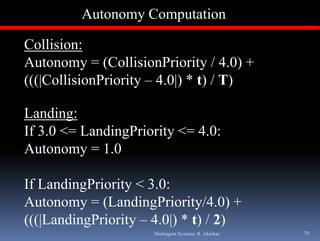 Autonomy Computation

Collision:
Autonomy = (CollisionPriority / 4.0) +
                                     4 0)
(((|CollisionPriority – 4.0|) * t) / T)

Landing:
If 3.0 < LandingPriority <= 4 0:
   3 0 <=                < 4.0:
Autonomy = 1.0

If LandingPriority < 3.0:
Autonomy = (LandingPriority/4.0) +
(((|LandingPriority – 4.0|) * t) / 2)
                       Multiagent Systems: R. Akerkar   75
 