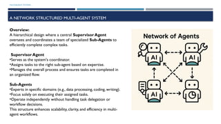 MULTIAGENT SYSTEMS
A NETWORK STRUCTURED MULTI-AGENT SYSTEM
Overview:
A hierarchical design where a central Supervisor Agent
oversees and coordinates a team of specialized Sub-Agents to
efficiently complete complex tasks.
Supervisor Agent
•Serves as the system's coordinator.
•Assigns tasks to the right sub-agent based on expertise.
•Manages the overall process and ensures tasks are completed in
an organized flow.
Sub-Agents
•Experts in specific domains (e.g., data processing, coding, writing).
•Focus solely on executing their assigned tasks.
•Operate independently without handling task delegation or
workflow decisions.
This structure enhances scalability, clarity, and efficiency in multi-
agent workflows.
 