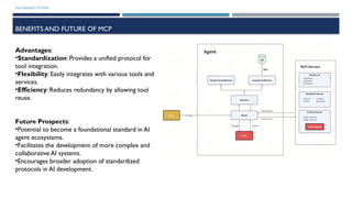 MULTIAGENT SYSTEMS
BENEFITS AND FUTURE OF MCP
Advantages:
•Standardization: Provides a unified protocol for
tool integration.
•Flexibility: Easily integrates with various tools and
services.
•Efficiency: Reduces redundancy by allowing tool
reuse.
Future Prospects:
•Potential to become a foundational standard in AI
agent ecosystems.
•Facilitates the development of more complex and
collaborative AI systems.
•Encourages broader adoption of standardized
protocols in AI development.
 