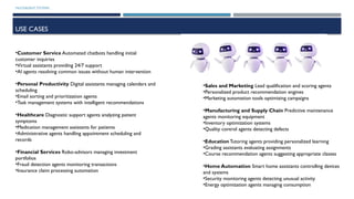 MULTIAGENT SYSTEMS
USE CASES
•Customer Service Automated chatbots handling initial
customer inquiries
•Virtual assistants providing 24/7 support
•AI agents resolving common issues without human intervention
•Personal Productivity Digital assistants managing calendars and
scheduling
•Email sorting and prioritization agents
•Task management systems with intelligent recommendations
•Healthcare Diagnostic support agents analyzing patient
symptoms
•Medication management assistants for patients
•Administrative agents handling appointment scheduling and
records
•Financial Services Robo-advisors managing investment
portfolios
•Fraud detection agents monitoring transactions
•Insurance claim processing automation
•Sales and Marketing Lead qualification and scoring agents
•Personalized product recommendation engines
•Marketing automation tools optimizing campaigns
•Manufacturing and Supply Chain Predictive maintenance
agents monitoring equipment
•Inventory optimization systems
•Quality control agents detecting defects
•EducationTutoring agents providing personalized learning
•Grading assistants evaluating assignments
•Course recommendation agents suggesting appropriate classes
•Home Automation Smart home assistants controlling devices
and systems
•Security monitoring agents detecting unusual activity
•Energy optimization agents managing consumption
 
