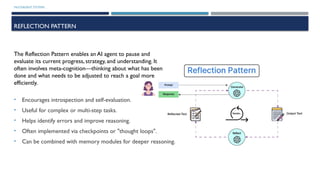 MULTIAGENT SYSTEMS
REFLECTION PATTERN
• Encourages introspection and self-evaluation.
• Useful for complex or multi-step tasks.
• Helps identify errors and improve reasoning.
• Often implemented via checkpoints or "thought loops".
• Can be combined with memory modules for deeper reasoning.
The Reflection Pattern enables an AI agent to pause and
evaluate its current progress, strategy, and understanding. It
often involves meta-cognition—thinking about what has been
done and what needs to be adjusted to reach a goal more
efficiently.
 
