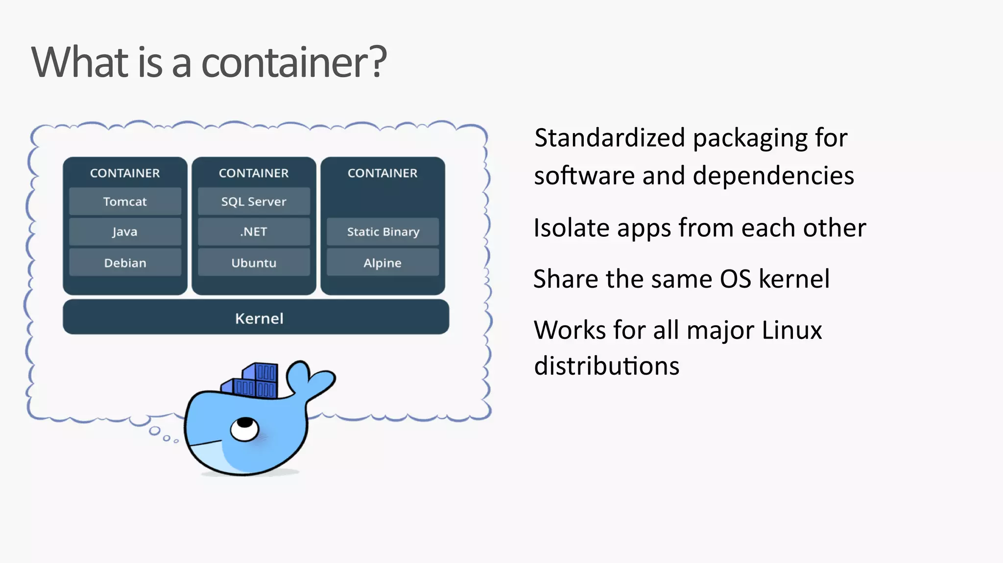 What	is	a	container?
Standardized	packaging	for	
soLware	and	dependencies	
	Isolate	apps	from	each	other	
	Share	the	same	OS	kernel	
	Works	for	all	major	Linux 
distribuPons	
 