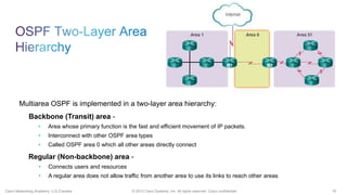 18© 2013 Cisco Systems, Inc. All rights reserved. Cisco confidential.Cisco Networking Academy, U.S./Canada
Multiarea OSPF is implemented in a two-layer area hierarchy:
Backbone (Transit) area -
• Area whose primary function is the fast and efficient movement of IP packets.
• Interconnect with other OSPF area types
• Called OSPF area 0 which all other areas directly connect
Regular (Non-backbone) area -
• Connects users and resources
• A regular area does not allow traffic from another area to use its links to reach other areas
 