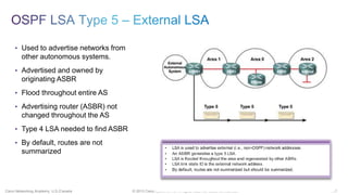 27© 2013 Cisco Systems, Inc. All rights reserved. Cisco confidential.Cisco Networking Academy, U.S./Canada
• Used to advertise networks from
other autonomous systems.
• Advertised and owned by
originating ASBR
• Flood throughout entire AS
• Advertising router (ASBR) not
changed throughout the AS
• Type 4 LSA needed to find ASBR
• By default, routes are not
summarized
 