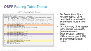 31© 2013 Cisco Systems, Inc. All rights reserved. Cisco confidential.Cisco Networking Academy, U.S./Canada
 O - Router (type 1) and
network (type 2) LSAs
describe the details within
an area (the route is intra-
area)
 OI - Summary LSAs appear
in the routing table as IA
(interarea routes)
 O E1 or OE 2 - External
LSAs external type 1 (E1)
or external type 2 (E2)
routes
 