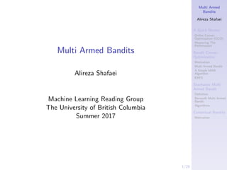Multi Armed
Bandits
Alireza Shafaei
A Quick Review
Online Convex
Optimization (OCO)
Measuring The
Performance
Bandit Convex
Optimization
Motivation
Multi Armed Bandit
A Simple MAB
Algorithm
EXP3
Stochastic Multi
Armed Bandit
Deﬁnition
Bernoulli Multi Armed
Bandit
Algorithms
Contextual Bandits
Motivation
1/29
Multi Armed Bandits
Alireza Shafaei
Machine Learning Reading Group
The University of British Columbia
Summer 2017
 