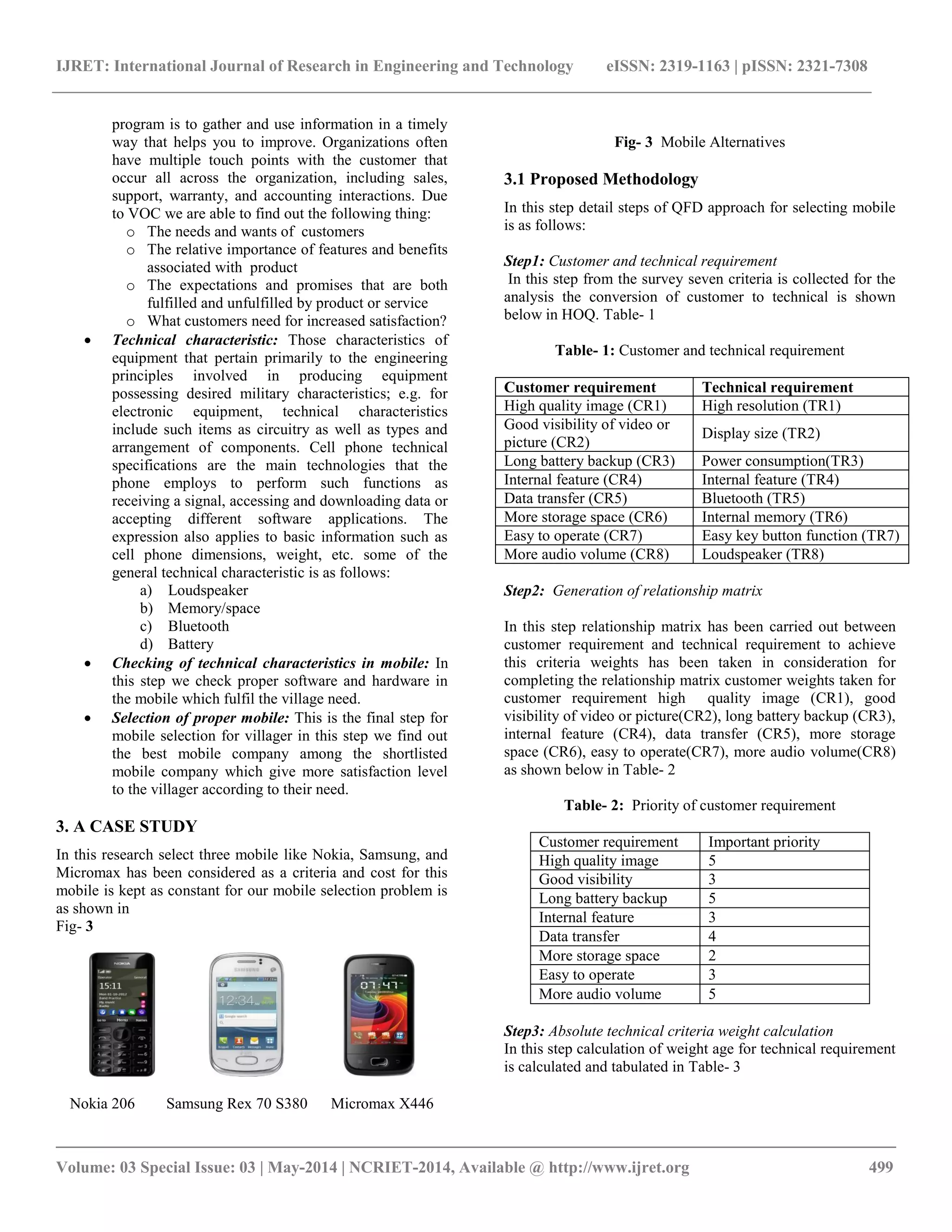 IJRET: International Journal of Research in Engineering and Technology eISSN: 2319-1163 | pISSN: 2321-7308 
__________________________________________________________________________________________ 
Volume: 03 Special Issue: 03 | May-2014 | NCRIET-2014, Available @ http://www.ijret.org 499 
program is to gather and use information in a timely way that helps you to improve. Organizations often have multiple touch points with the customer that occur all across the organization, including sales, support, warranty, and accounting interactions. Due to VOC we are able to find out the following thing: 
o The needs and wants of customers 
o The relative importance of features and benefits associated with product 
o The expectations and promises that are both fulfilled and unfulfilled by product or service 
o What customers need for increased satisfaction? 
 Technical characteristic: Those characteristics of equipment that pertain primarily to the engineering principles involved in producing equipment possessing desired military characteristics; e.g. for electronic equipment, technical characteristics include such items as circuitry as well as types and arrangement of components. Cell phone technical specifications are the main technologies that the phone employs to perform such functions as receiving a signal, accessing and downloading data or accepting different software applications. The expression also applies to basic information such as cell phone dimensions, weight, etc. some of the general technical characteristic is as follows: 
a) Loudspeaker 
b) Memory/space 
c) Bluetooth 
d) Battery 
 Checking of technical characteristics in mobile: In this step we check proper software and hardware in the mobile which fulfil the village need. 
 Selection of proper mobile: This is the final step for mobile selection for villager in this step we find out the best mobile company among the shortlisted mobile company which give more satisfaction level to the villager according to their need. 
3. A CASE STUDY 
In this research select three mobile like Nokia, Samsung, and Micromax has been considered as a criteria and cost for this mobile is kept as constant for our mobile selection problem is as shown in 
Fig- 3 Nokia 206 Samsung Rex 70 S380 Micromax X446 
Fig- 3 Mobile Alternatives 
3.1 Proposed Methodology 
In this step detail steps of QFD approach for selecting mobile is as follows: 
Step1: Customer and technical requirement 
In this step from the survey seven criteria is collected for the analysis the conversion of customer to technical is shown below in HOQ. Table- 1 
Table- 1: Customer and technical requirement 
Customer requirement 
Technical requirement 
High quality image (CR1) 
High resolution (TR1) 
Good visibility of video or picture (CR2) 
Display size (TR2) 
Long battery backup (CR3) 
Power consumption(TR3) 
Internal feature (CR4) 
Internal feature (TR4) 
Data transfer (CR5) 
Bluetooth (TR5) 
More storage space (CR6) 
Internal memory (TR6) 
Easy to operate (CR7) 
Easy key button function (TR7) 
More audio volume (CR8) 
Loudspeaker (TR8) 
Step2: Generation of relationship matrix 
In this step relationship matrix has been carried out between customer requirement and technical requirement to achieve this criteria weights has been taken in consideration for completing the relationship matrix customer weights taken for customer requirement high quality image (CR1), good visibility of video or picture(CR2), long battery backup (CR3), internal feature (CR4), data transfer (CR5), more storage space (CR6), easy to operate(CR7), more audio volume(CR8) as shown below in Table- 2 
Table- 2: Priority of customer requirement 
Customer requirement 
Important priority 
High quality image 
5 
Good visibility 
3 
Long battery backup 
5 
Internal feature 
3 
Data transfer 
4 
More storage space 
2 
Easy to operate 
3 
More audio volume 
5 
Step3: Absolute technical criteria weight calculation 
In this step calculation of weight age for technical requirement is calculated and tabulated in Table- 3 
 
