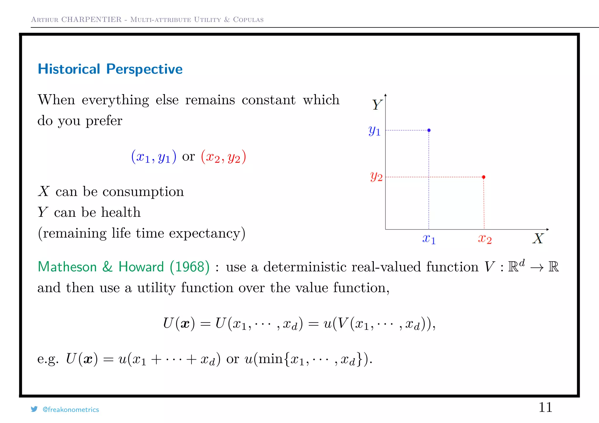 Arthur CHARPENTIER - Multi-attribute Utility & Copulas
Historical Perspective
When everything else remains constant which
do you prefer
(x1, y1) or (x2, y2)
X can be consumption
Y can be health
(remaining life time expectancy)
Matheson & Howard (1968) : use a deterministic real-valued function V : Rd
→ R
and then use a utility function over the value function,
U(x) = U(x1, · · · , xd) = u(V (x1, · · · , xd)),
e.g. U(x) = u(x1 + · · · + xd) or u(min{x1, · · · , xd}).
@freakonometrics 11
 
