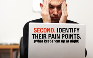 SECOND. IDENTIFY
THEIR PAIN POINTS.
(what keeps ‘em up at night)
 